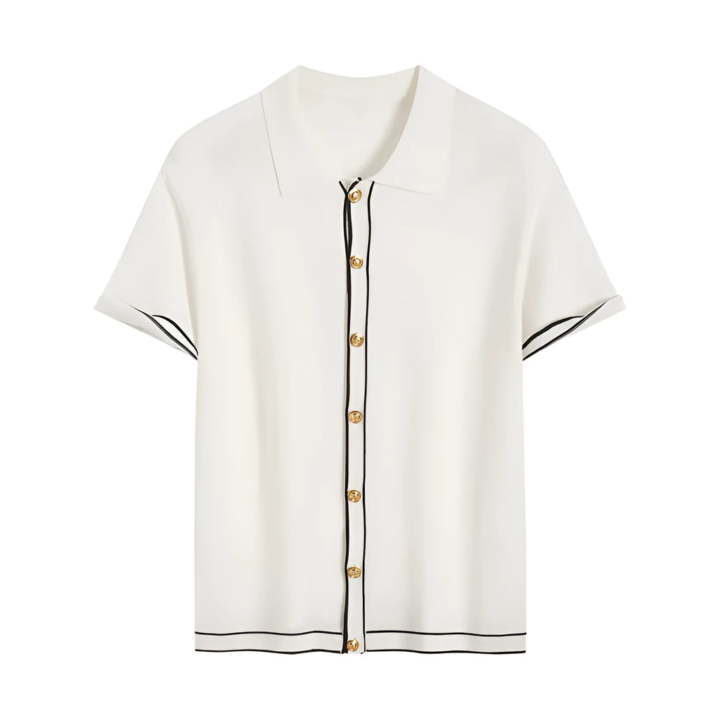 White short sleeve cardigan with dark contrast colour lapels laid flat.
