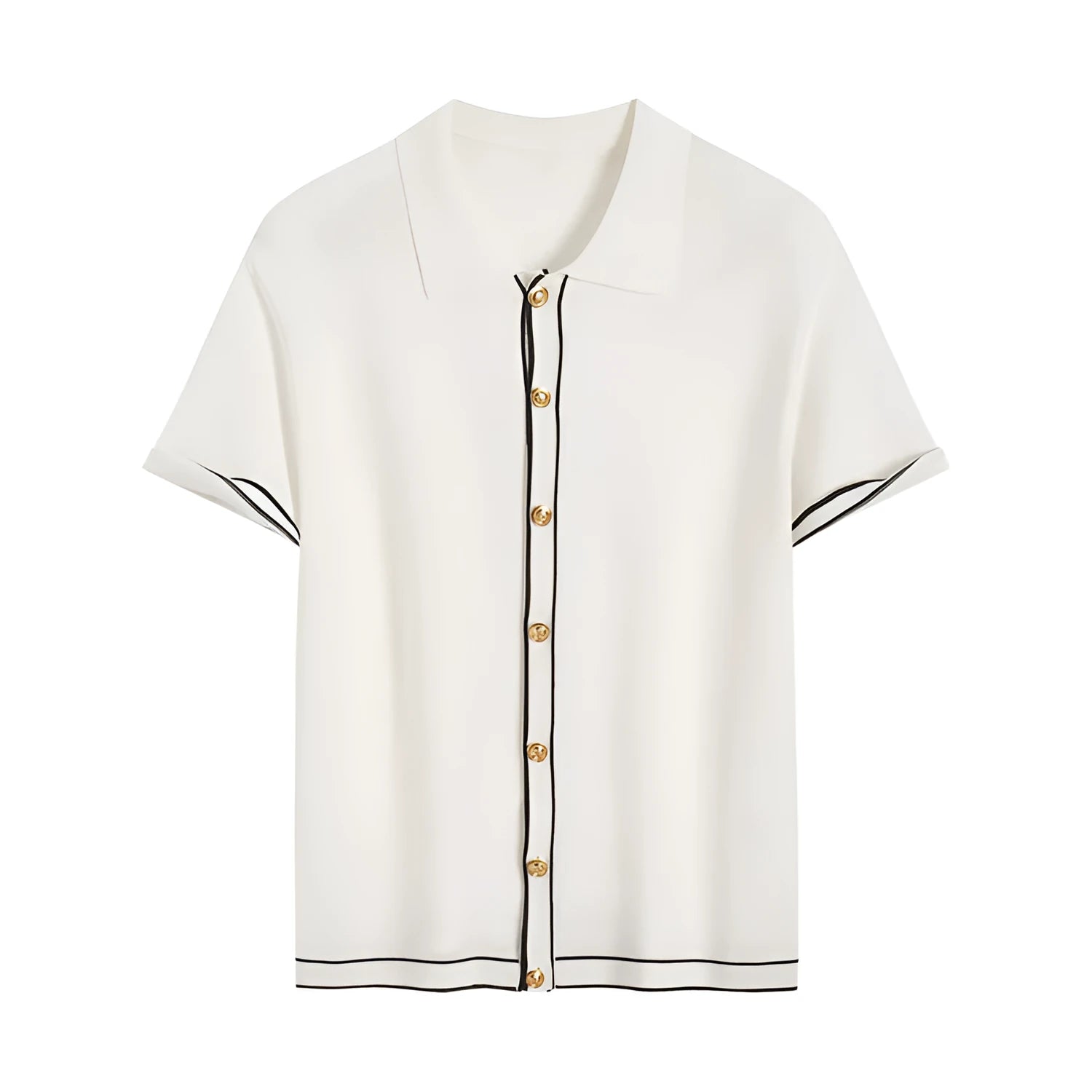 White short sleeve cardigan with dark contrast colour lapels laid flat.