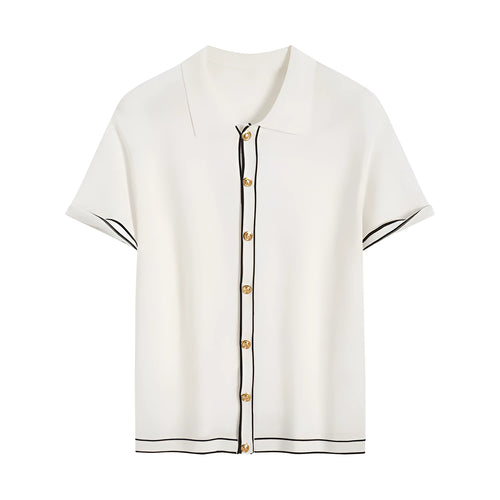 White short sleeve cardigan with dark contrast colour lapels laid flat.