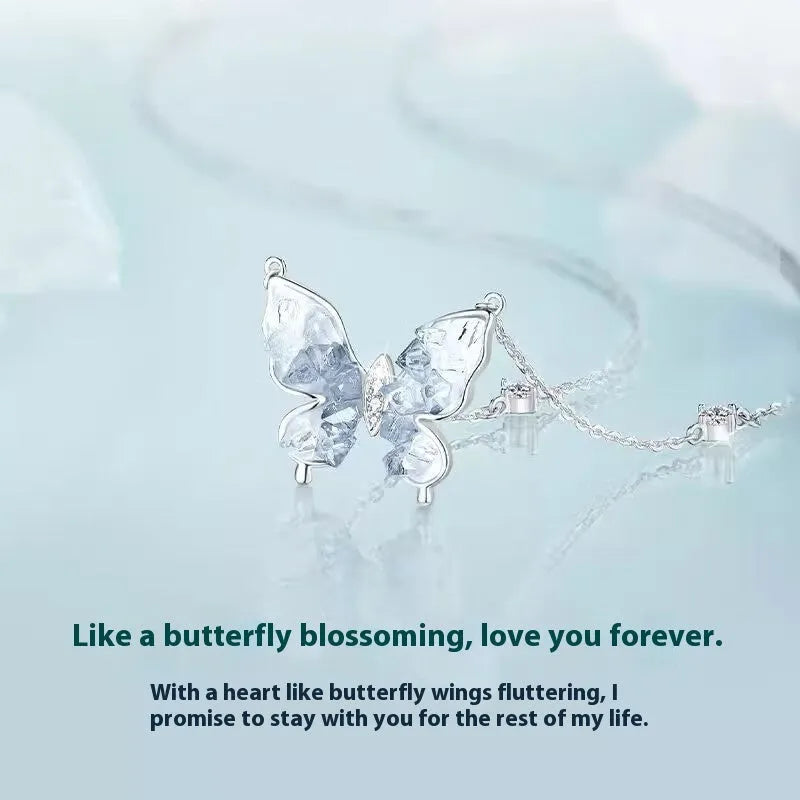 Bingyu Butterfly Necklace with ice rain design on S925 silver chain, adjustable 41-50cm length
