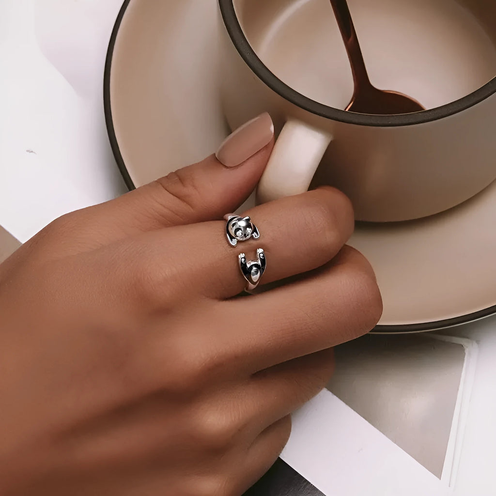 Adjustable panda open ring bracelet in sterling silver with white gold plating