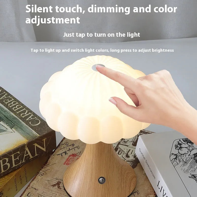Mushroom-shaped touch control night light with USB charging port in five colour options