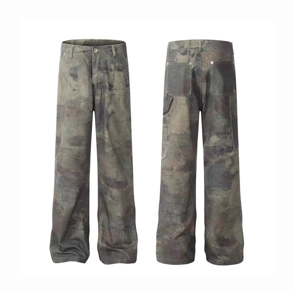 Men's retro digital camouflage denim jeans with straight leg cut and mid waist design