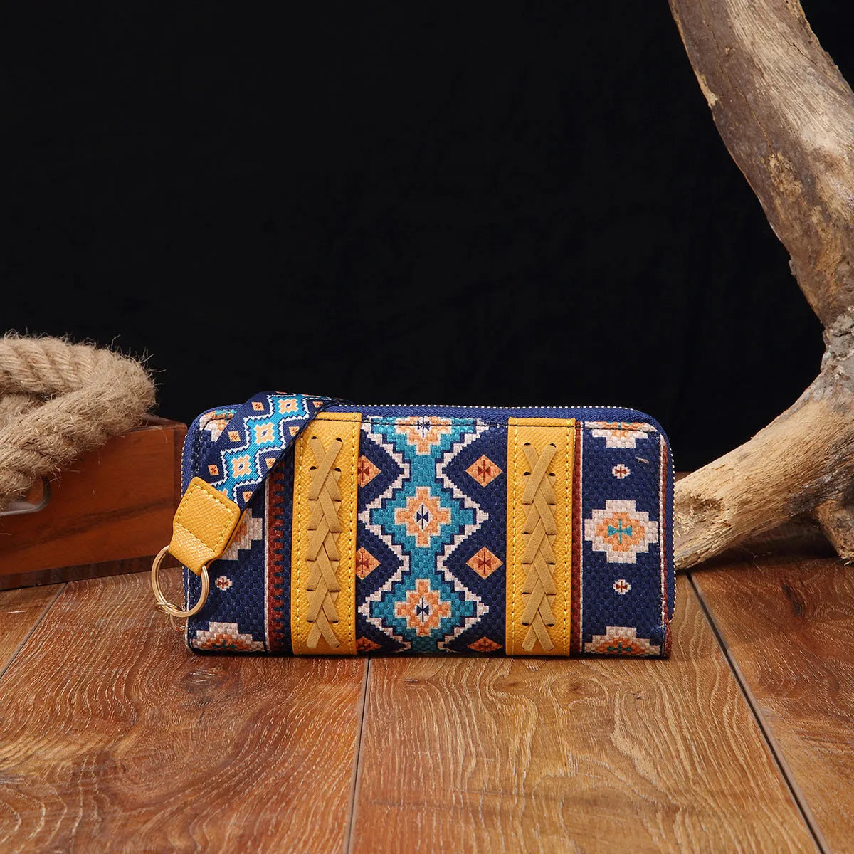Vintage cotton and linen printed bohemian hand-carrying wallet card holder with contrast colour stitching