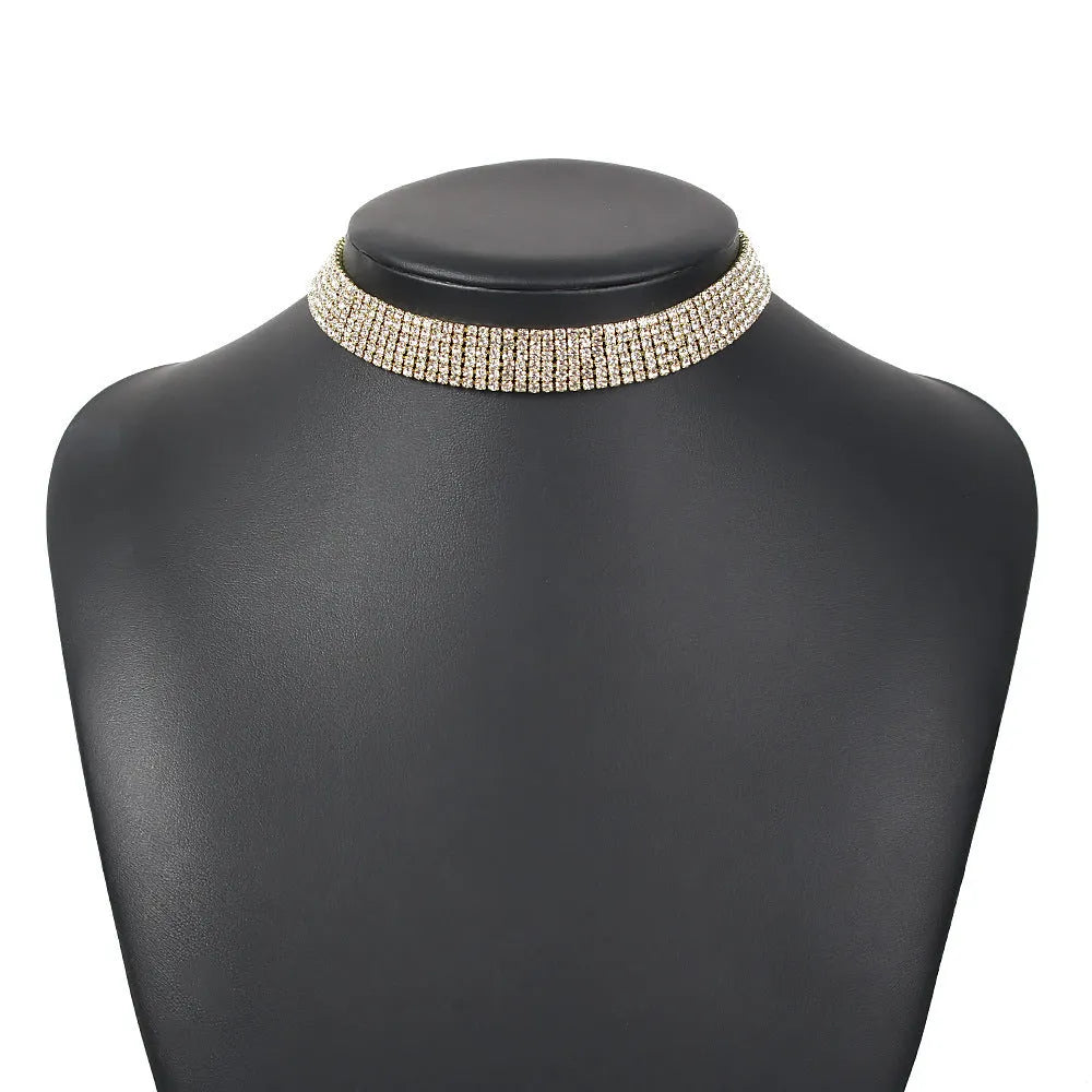 Full rhinestone alloy clavicle chain necklace in six rows of drills gold geometric shape women's European American style