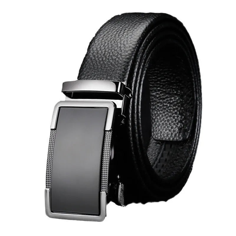 Men's leather automatic click buckle belt in gun black, silver, or gold colour