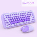 Pink mini cartoon-style wireless keyboard and mouse set on a desk with receiver.