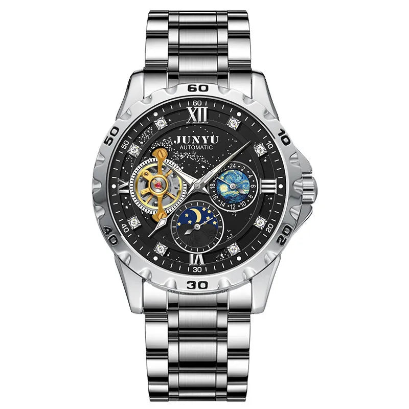 Men's automatic mechanical waterproof watch in rose gold, silver, or gold case with black starry sky, blue, or gold dial