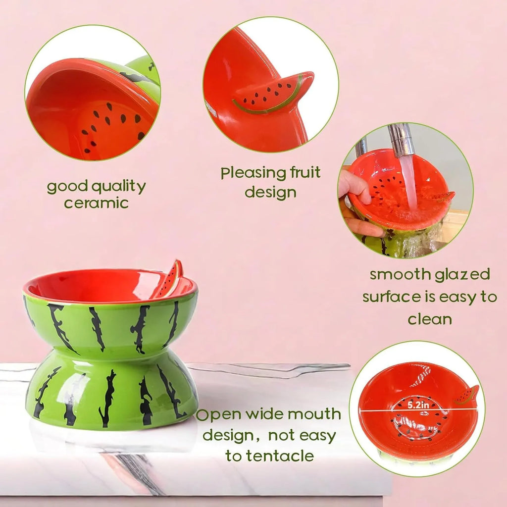 Ceramic raised cat bowl with tilted design in orange pattern, elevated 5 inches from base