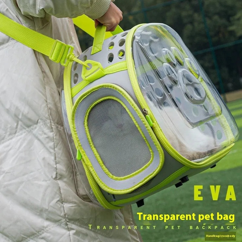 Hard-shell transparent cat carrier backpack in grass green colour, showing large space capsule design.