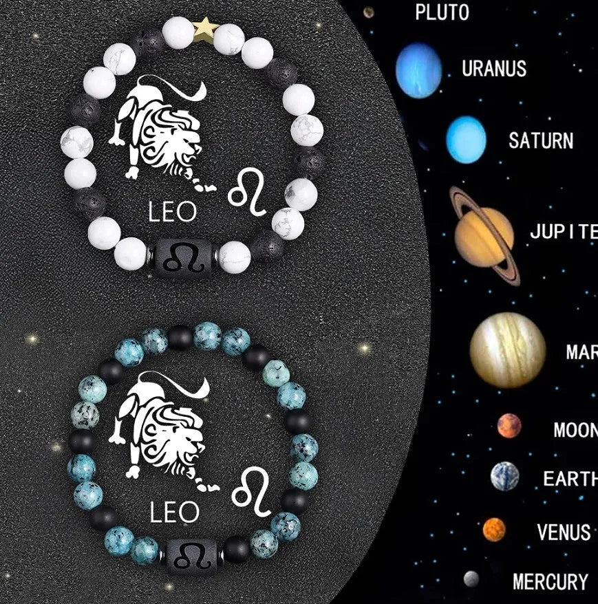 Set of two natural stone beaded bracelets showing different zodiac sign designs
