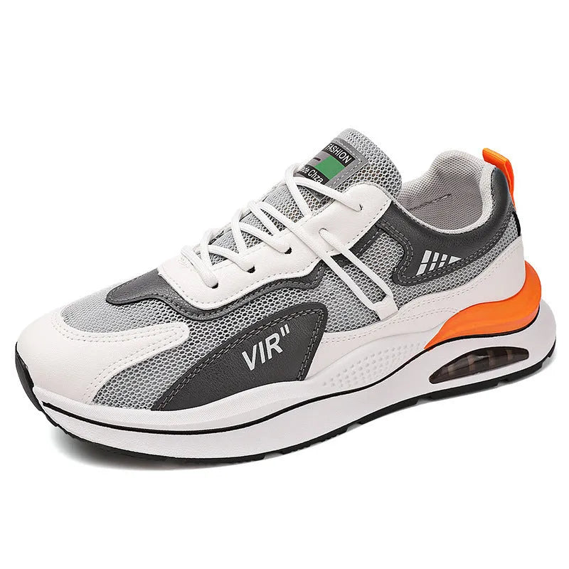 Men's grey breathable mesh running shoes with EVA sole and round toe design