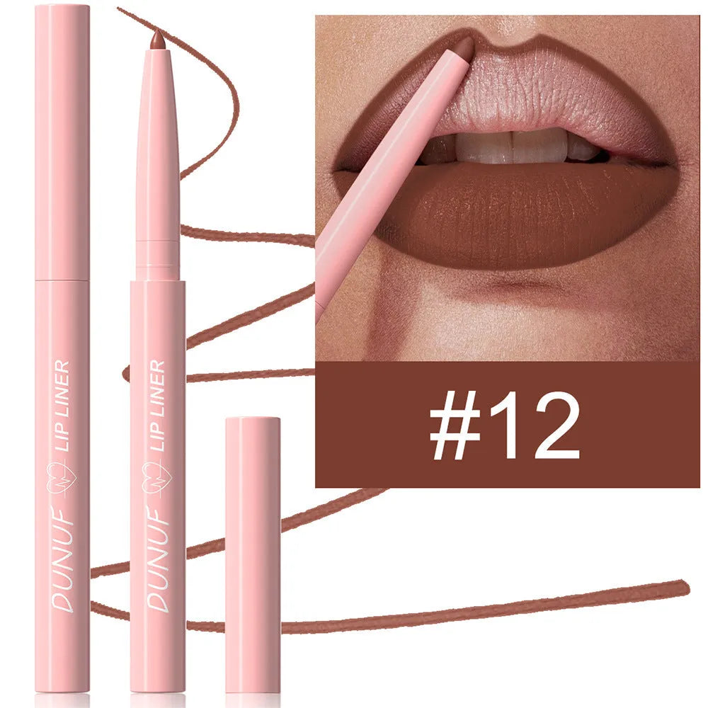 Twelve velvet matte lip liner pencils in a row showing different shades from a 12-colour collection.