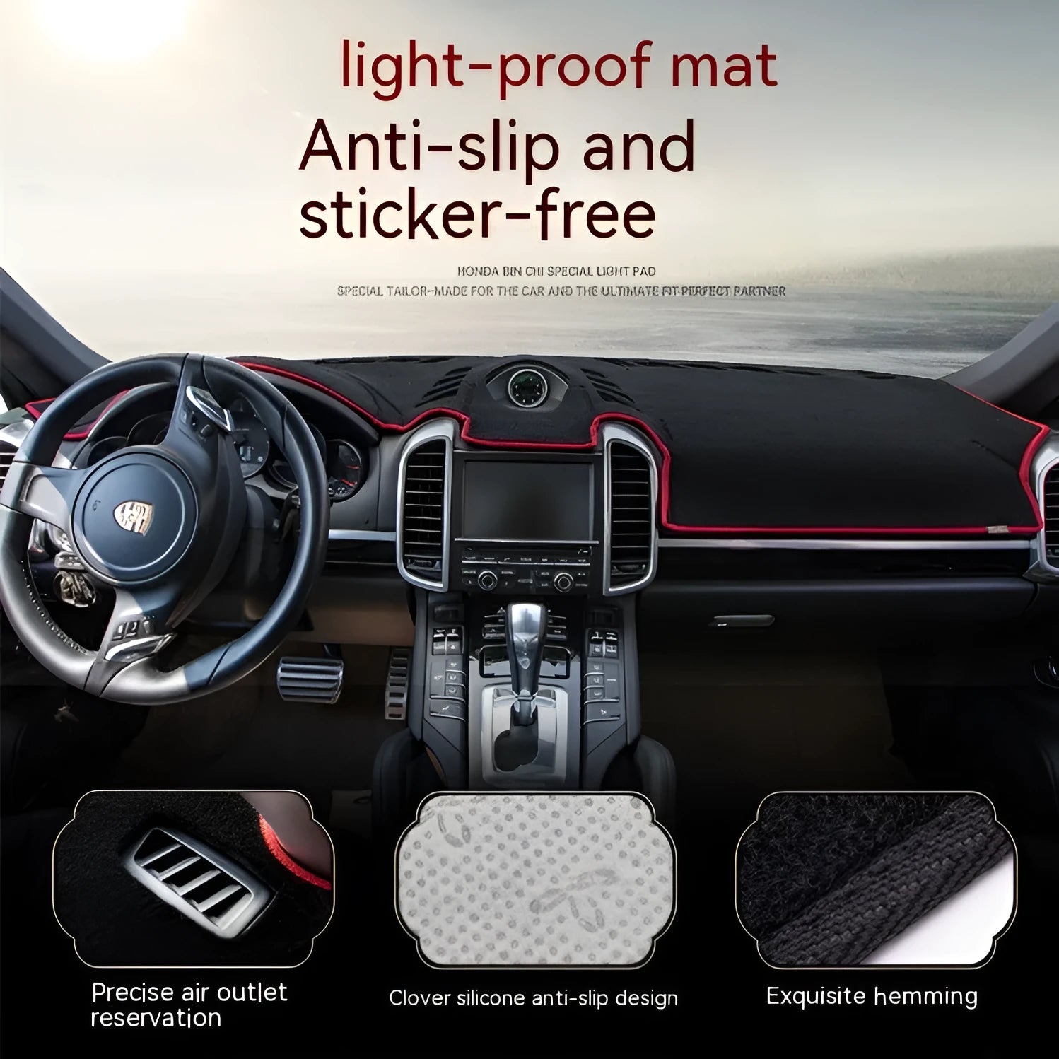 Silicone non-slip dashboard light-proof pad for old Prado SUV in black with coloured edge options.