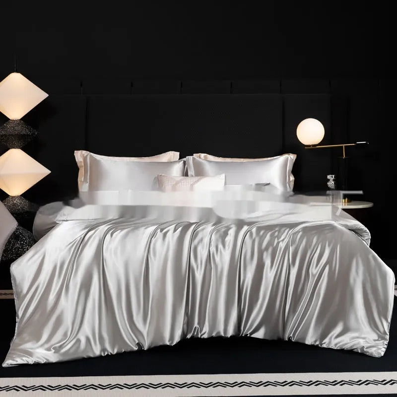 Silk bed sheet four-piece set in solid colours showing multiple size options for household bedding