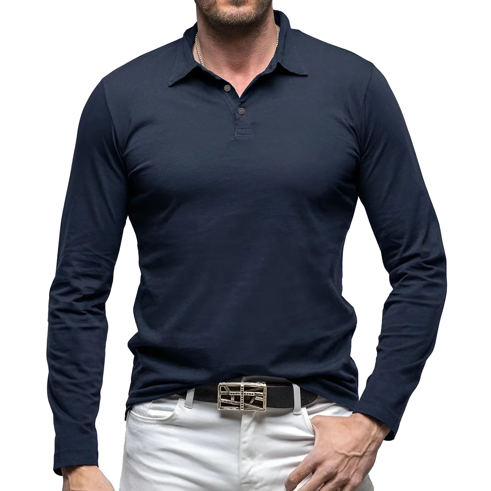 Men's long sleeve cotton t-shirt with a polo collar in an American retro style, shown in Dark Grey.