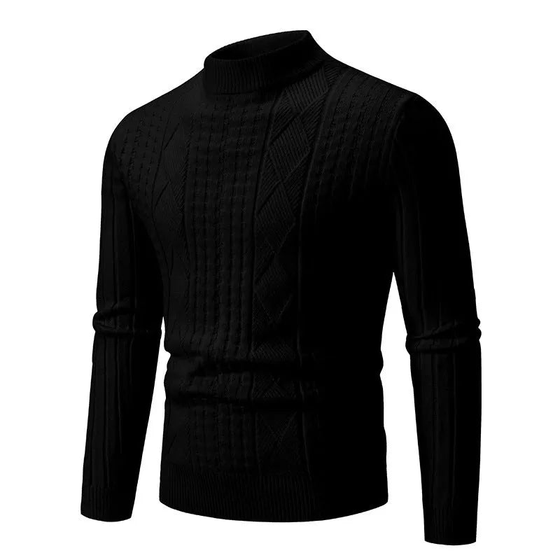 Men's slim fit jacquard knit pullover sweater in beige, front view, long sleeves, crew neck