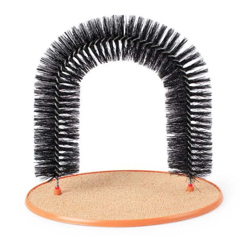 Grey plastic cat grooming arch with integrated brush bristles for scratching and rubbing.