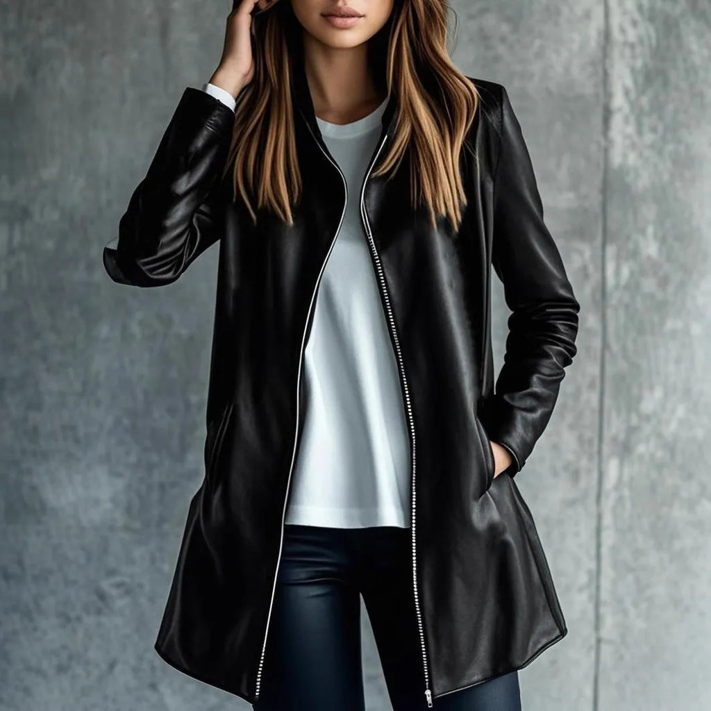Black women's medium-length polyester leather jacket on a hanger