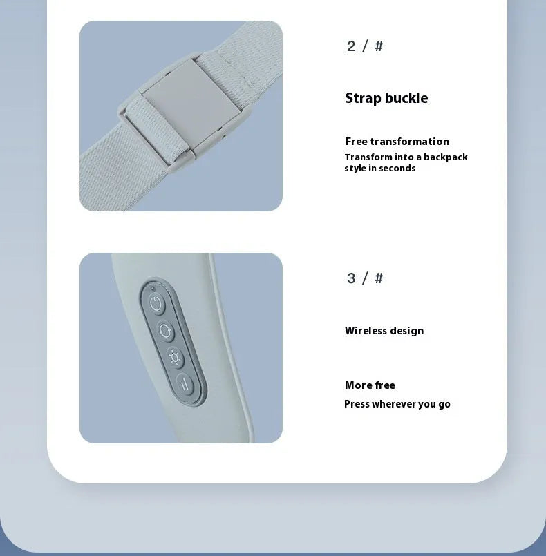 Grey elastic fabric USB neck and back massager with two speed settings and infrared function.
