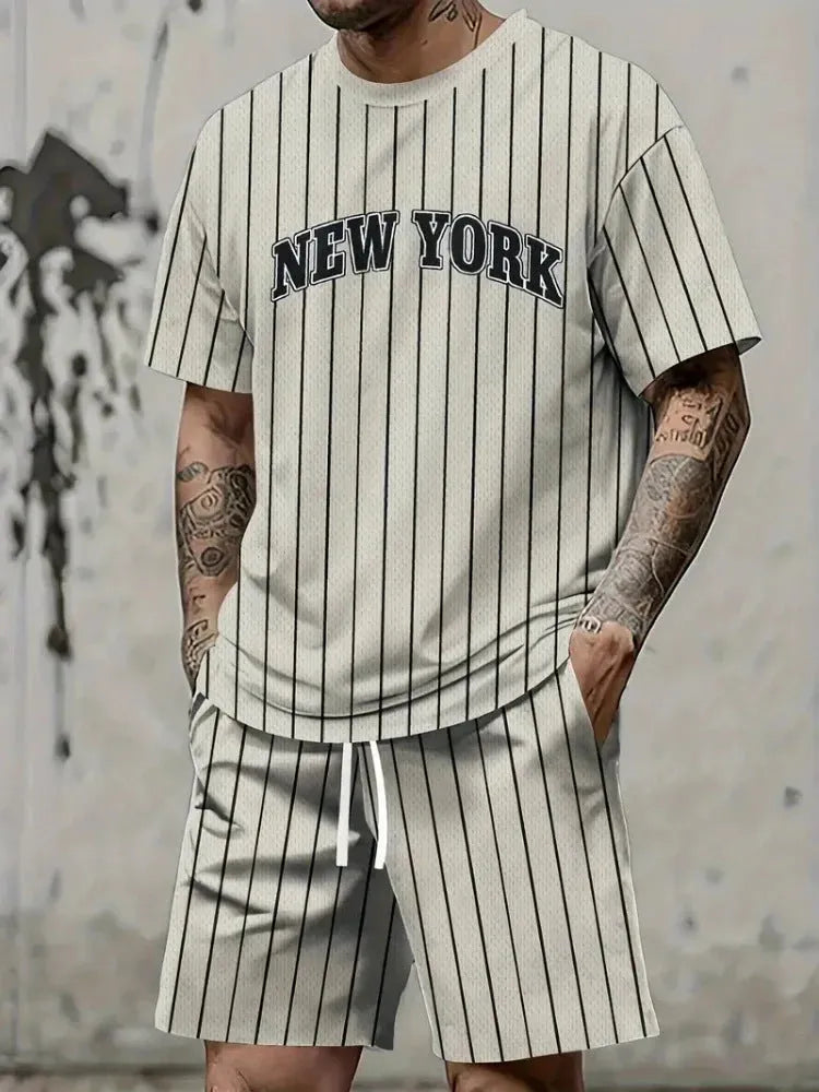Men's 3D printed suit set with personality letter design on short sleeve top and matching shorts