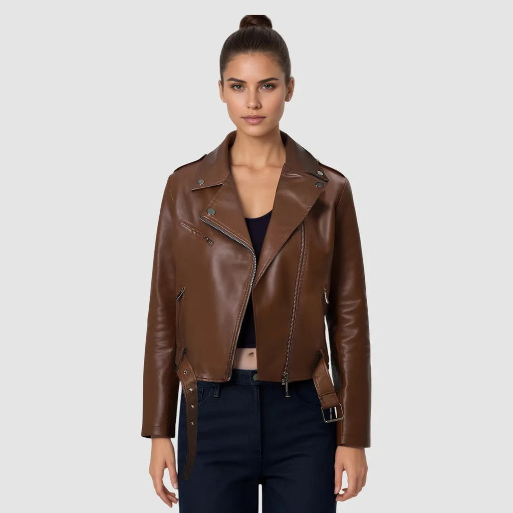Red women's PU leather motorcycle jacket featuring a short belt on the lapel.