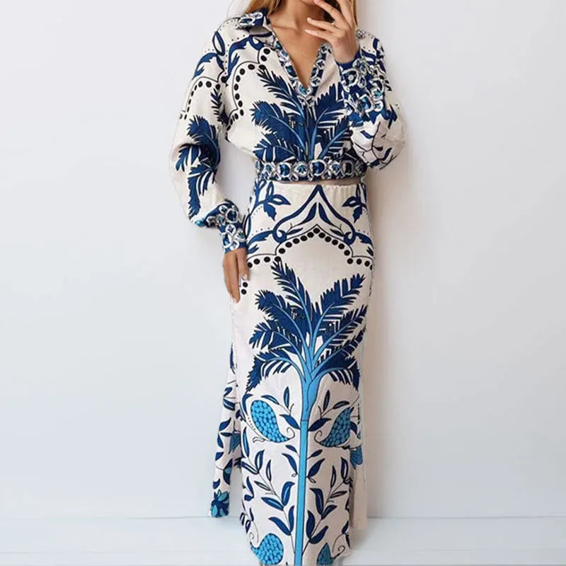 Women's floral casual set with long sleeve top and matching skirt in early spring pattern