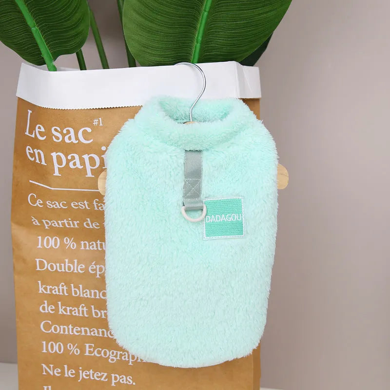 Coral fleece pet dog jacket with multi-colour pull rings in blue.