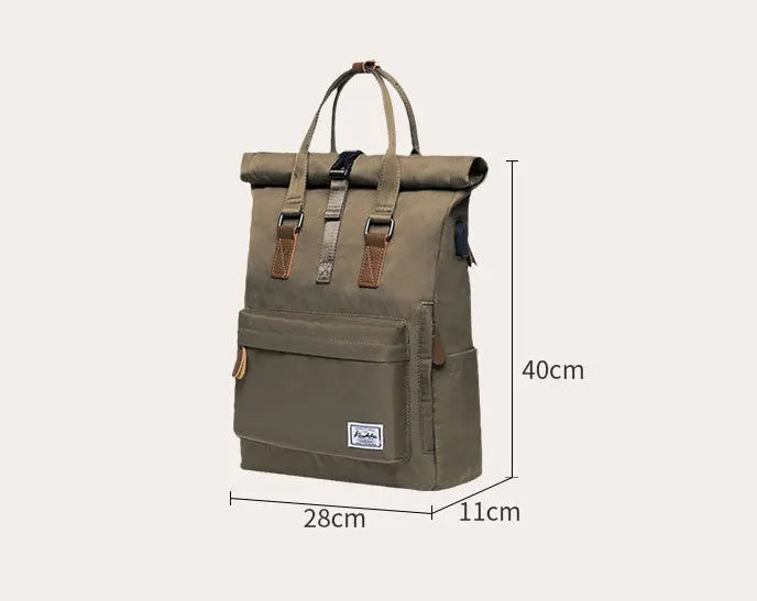 Casual polyester backpack with cover opening showing internal computer pocket and zipper organiser