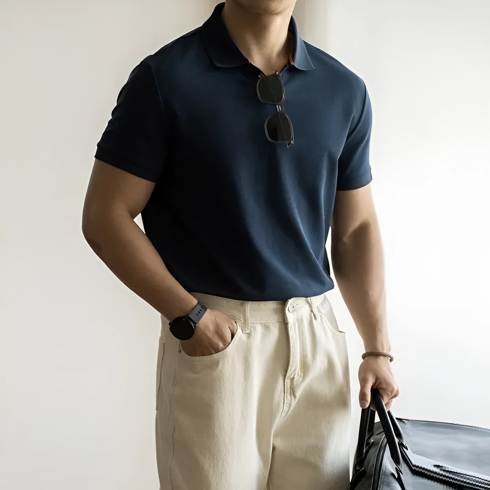 Blue American-style short-sleeved cotton blend polo shirt laid flat, showing regular fit and button placket.