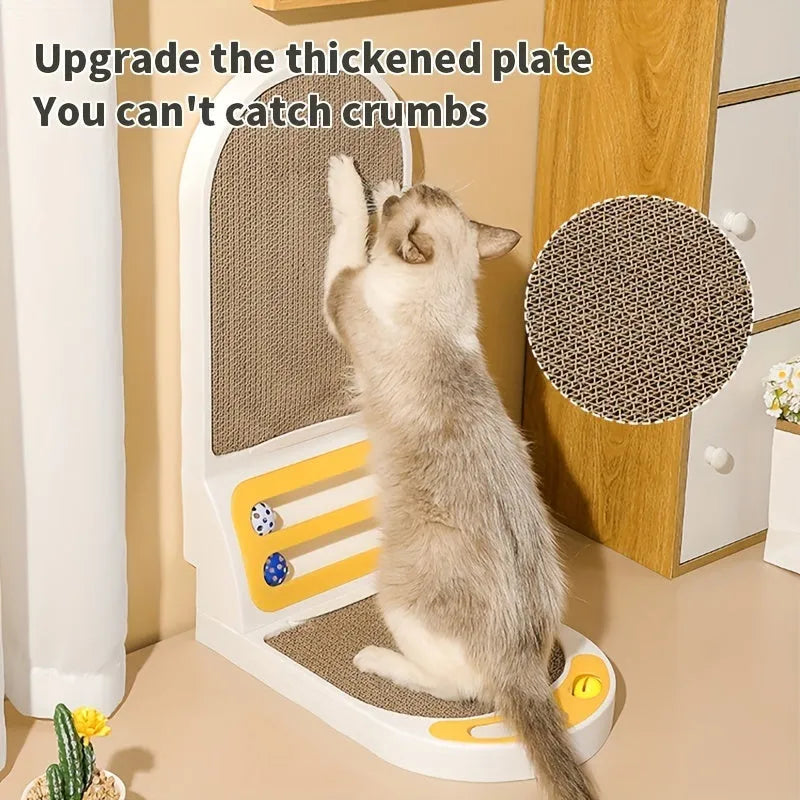 L-shaped vertical cat scratching board in green colour on a wooden floor