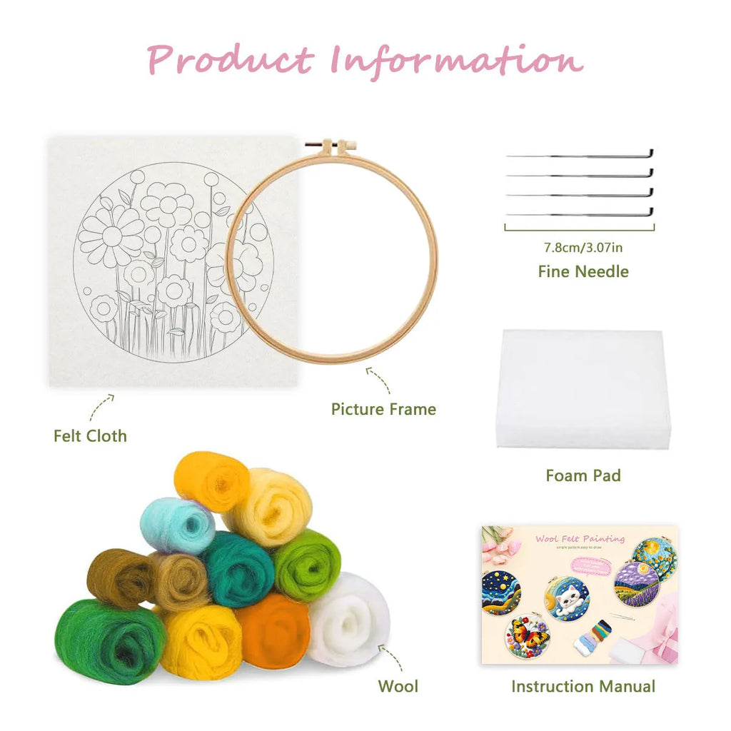 Round 20x20 cm linen embroidery kit with wool felt pieces for floral design and included embroidery frame.