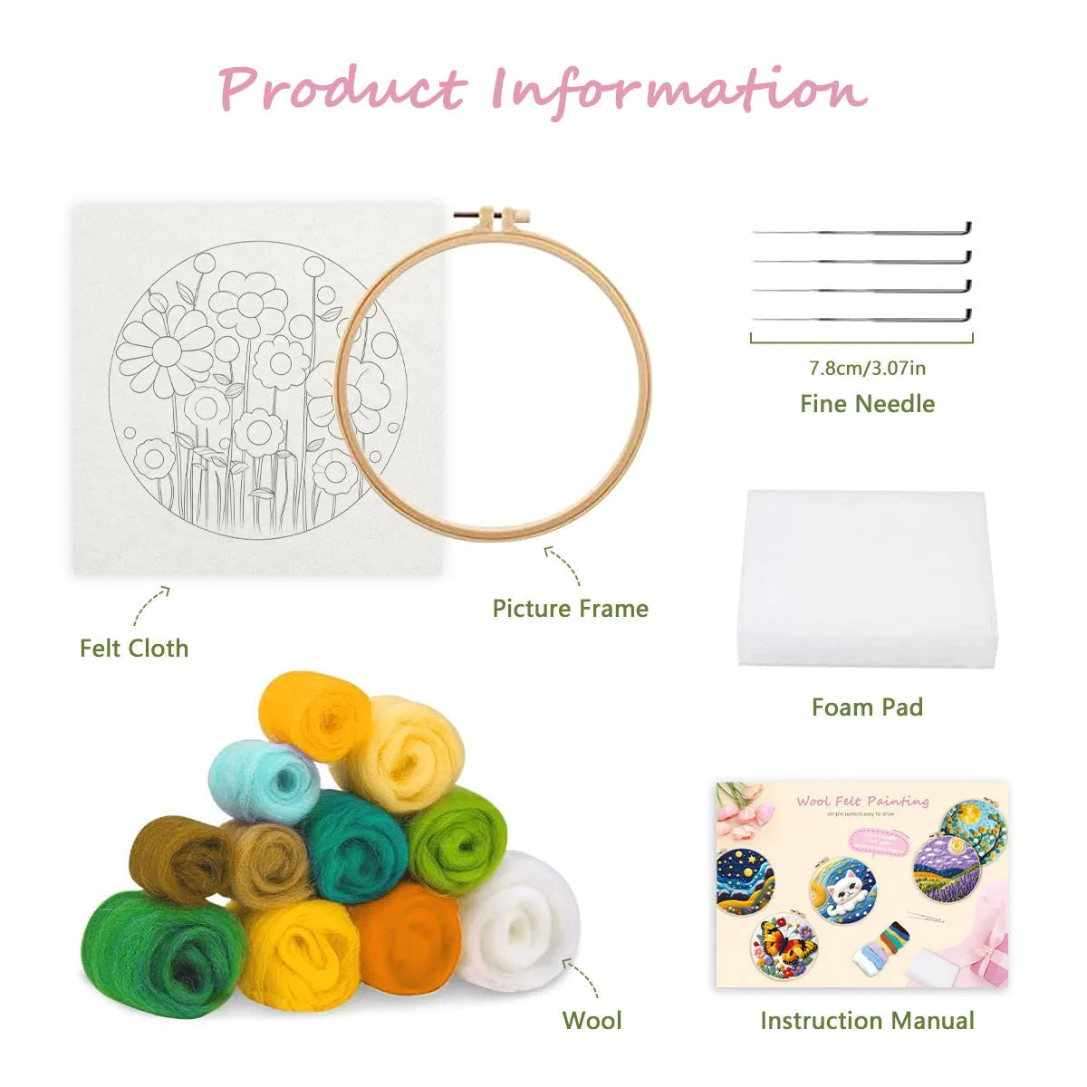 Round 20x20 cm linen embroidery kit with wool felt pieces for floral design and included embroidery frame.