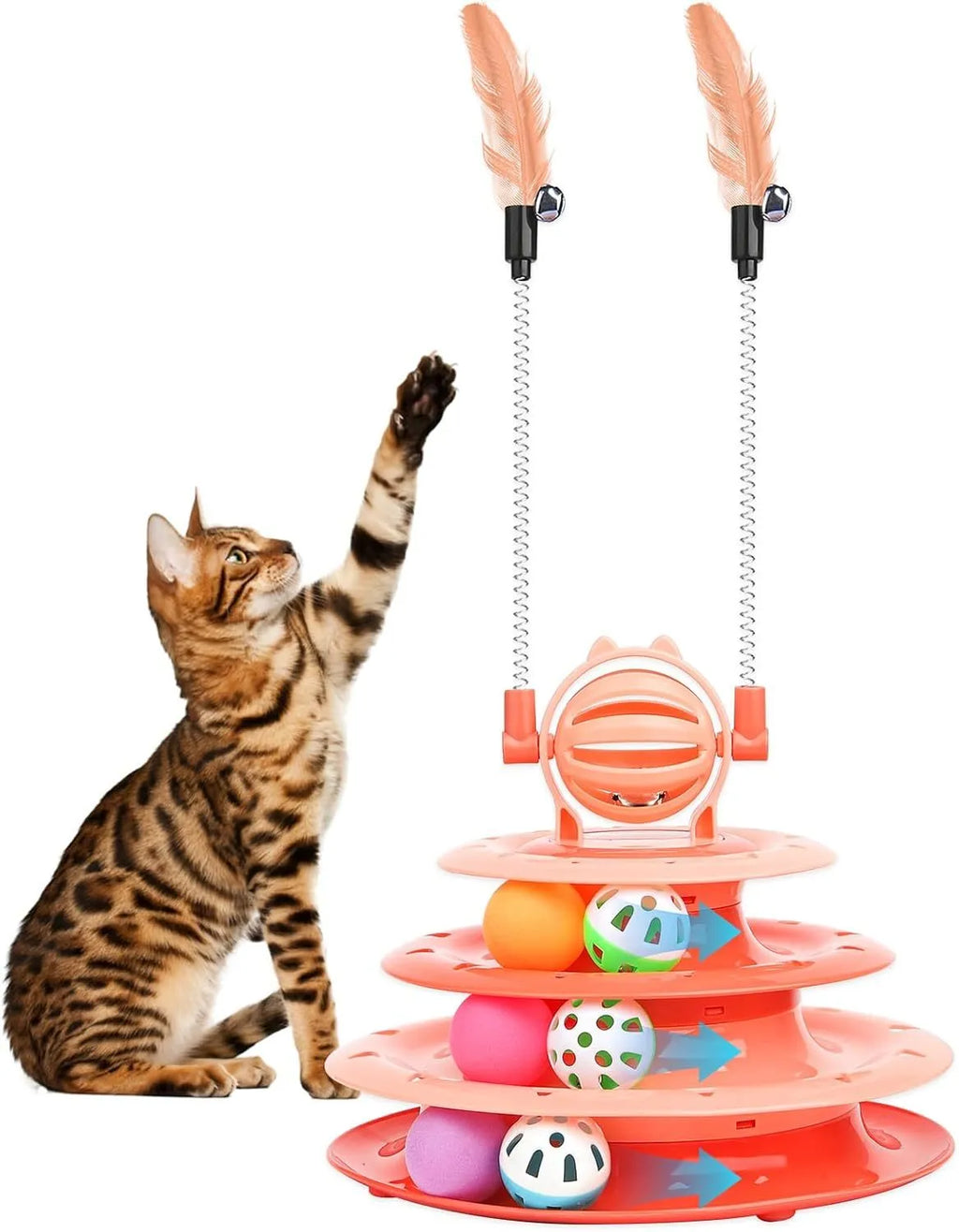 Blue 4-tier interactive cat puzzle toy with balls and teasing rods on a table.