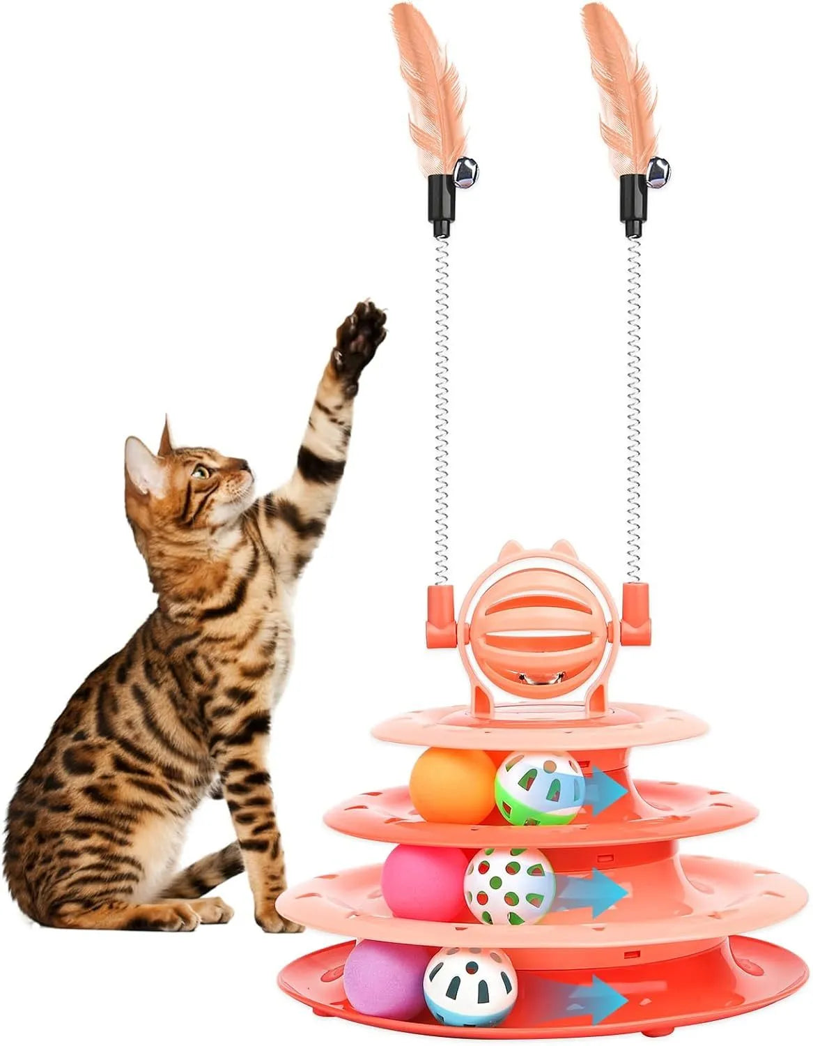 Blue 4-tier interactive cat puzzle toy with balls and teasing rods on a table.