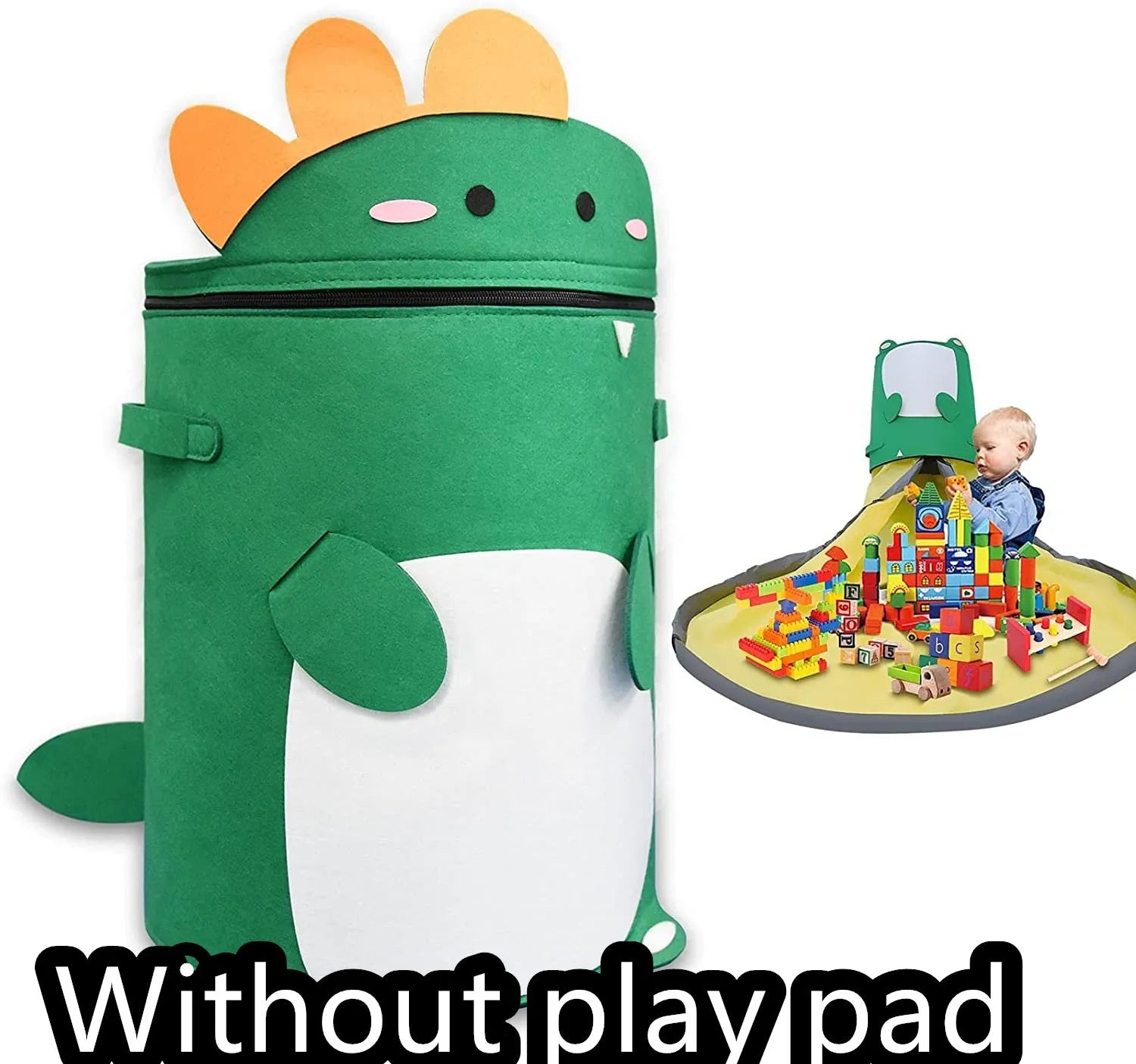 Green felt storage bag cinched closed with pull rope, shown next to it laid flat as a play mat
