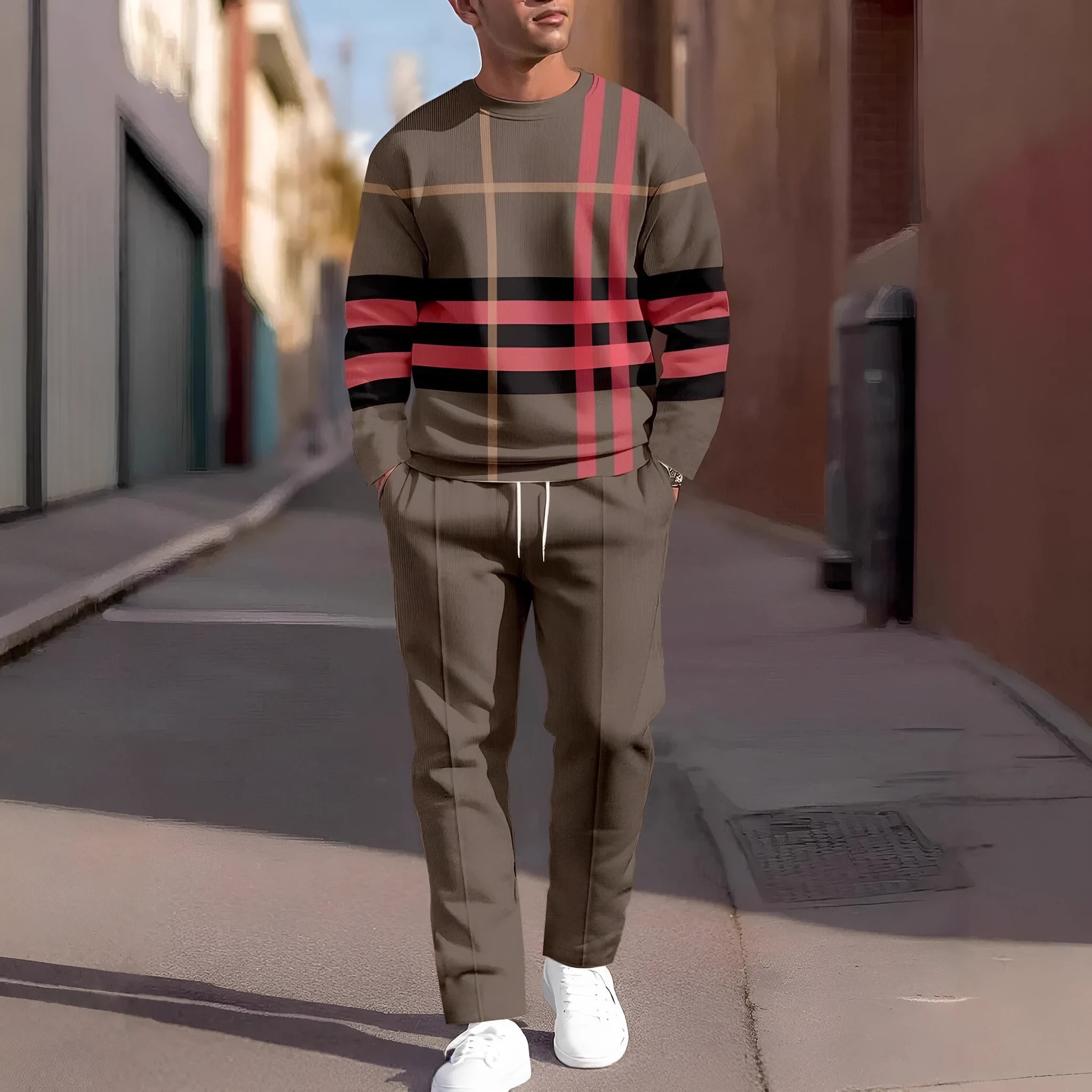 Men's autumn casual 3D digital print round neck polyester sweatshirt and sweatpants set, long sleeves, multiple colour options