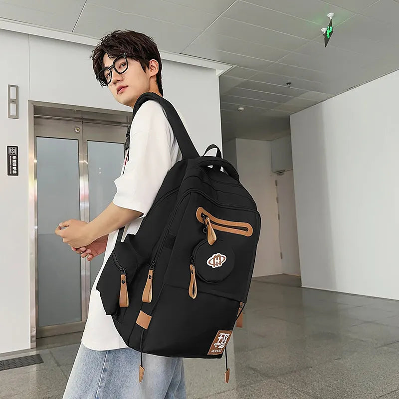 Japanese large capacity leisure travel backpack in khaki with contrast stitching and nylon waterproof finish