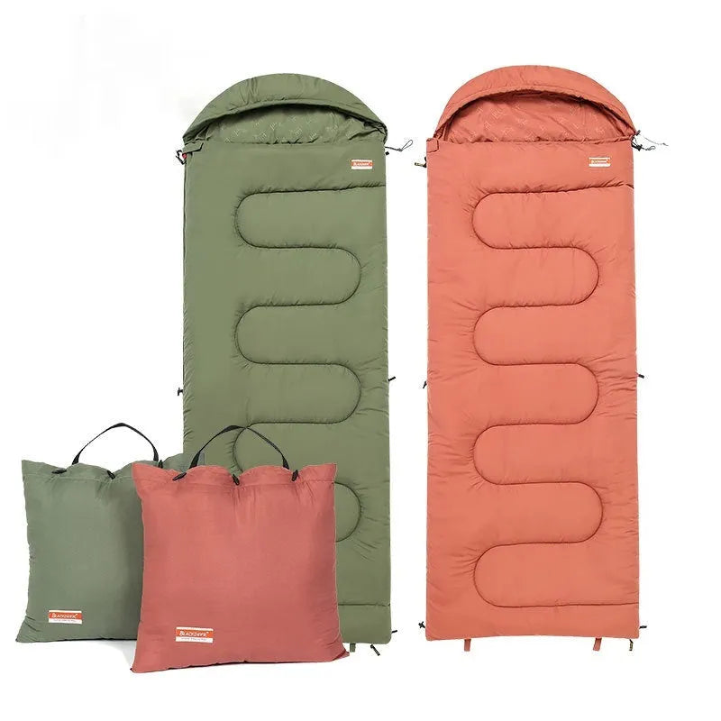 Cotton camping sleeping bag quilt in ochre colour showing quilt-style construction