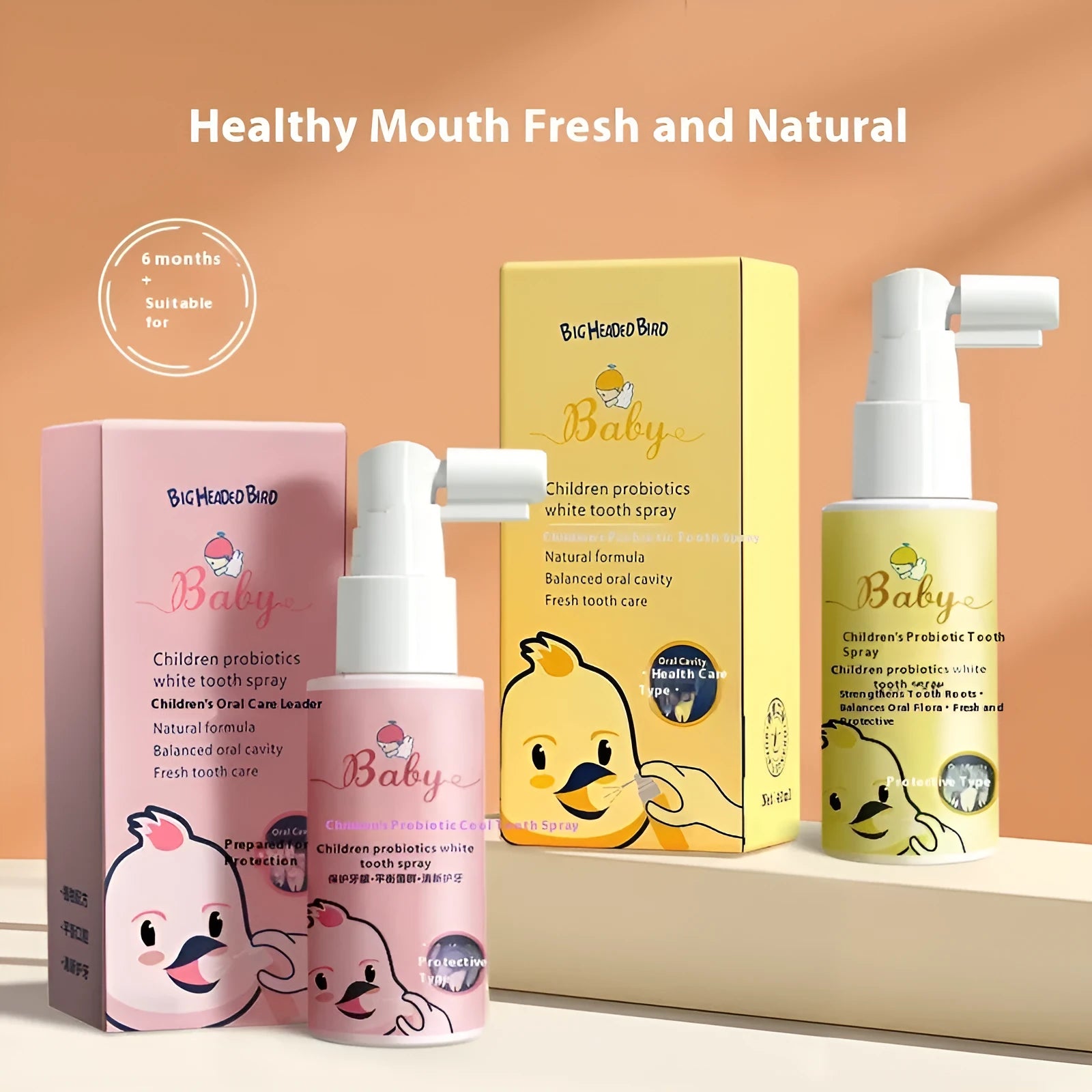 Children's probiotic teeth cleaning spray in 40ml bottle with strawberry and orange flavour options