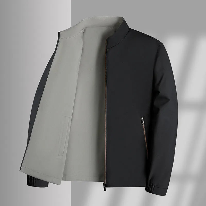 Men's double-sided stand collar casual loose windproof jacket in solid colour, size stick pockets, polyester fibre, front view