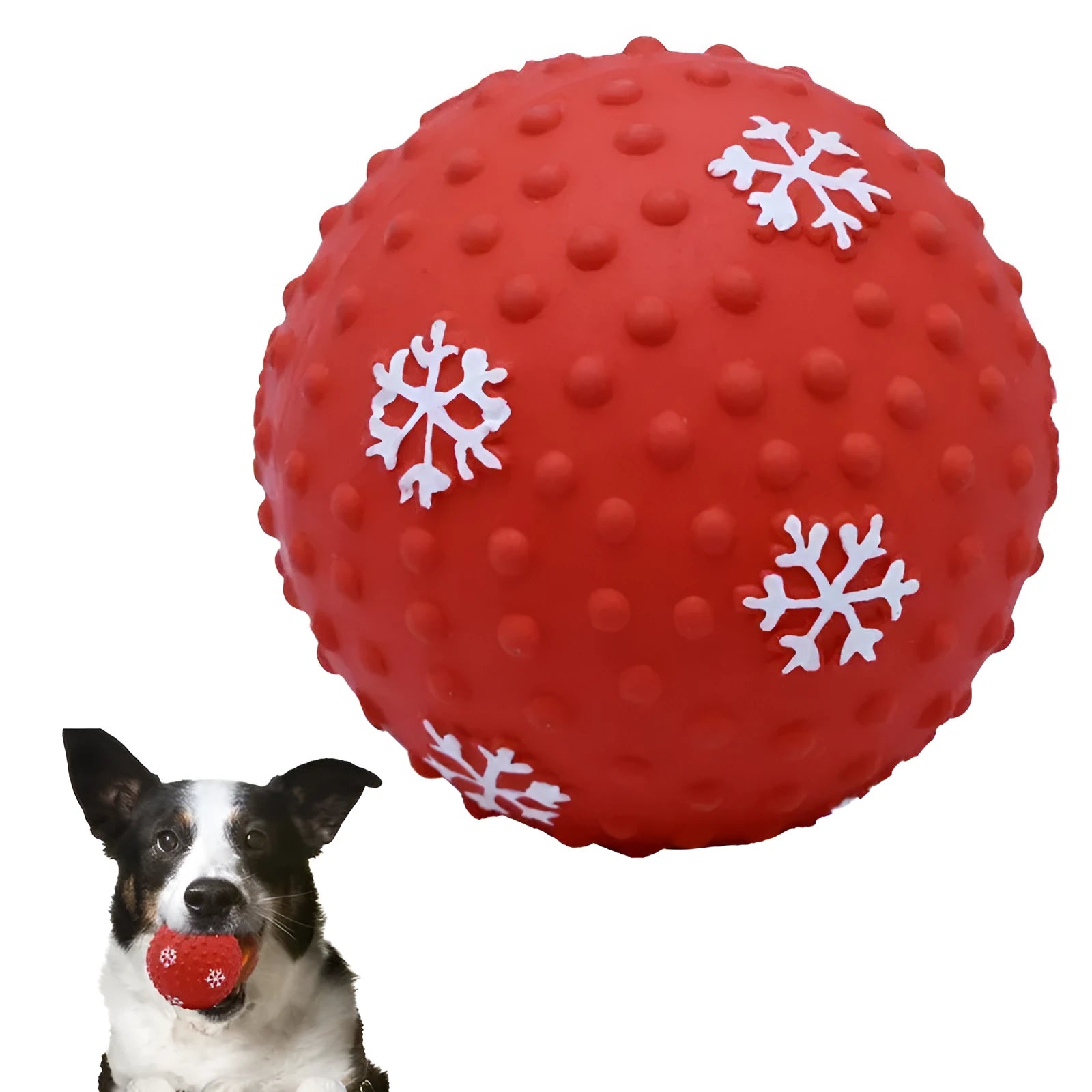 Red dog toy ball with squeaker and air vents, 7 cm diameter, floating on water