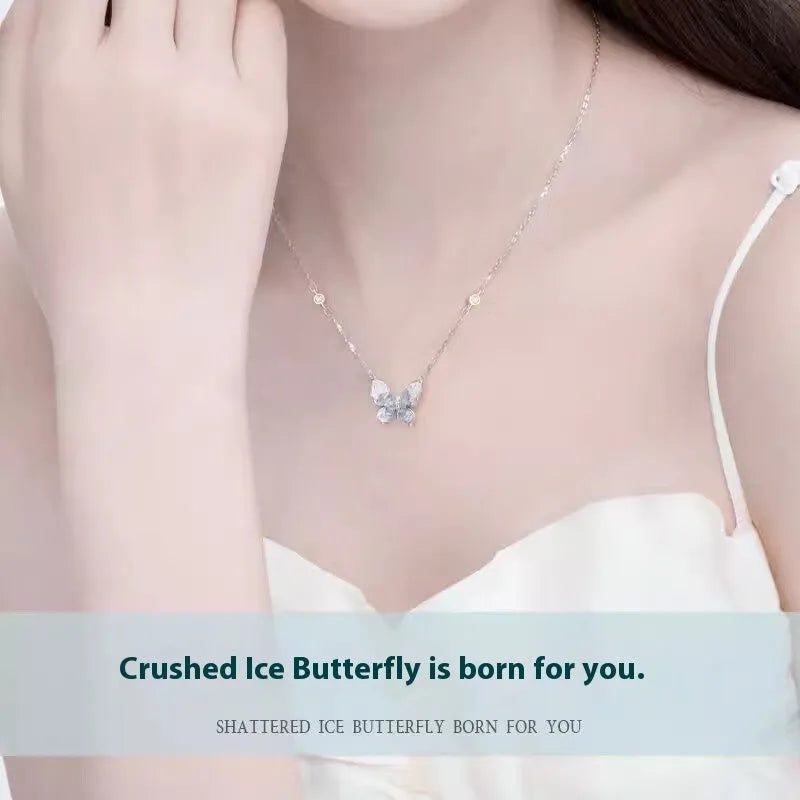 Bingyu Butterfly Necklace with ice rain design on S925 silver chain, adjustable 41-50cm length