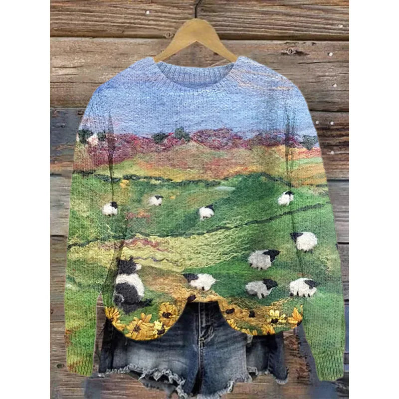 Little flower digital print on a round neck polyester sweater, shown on a hanger.