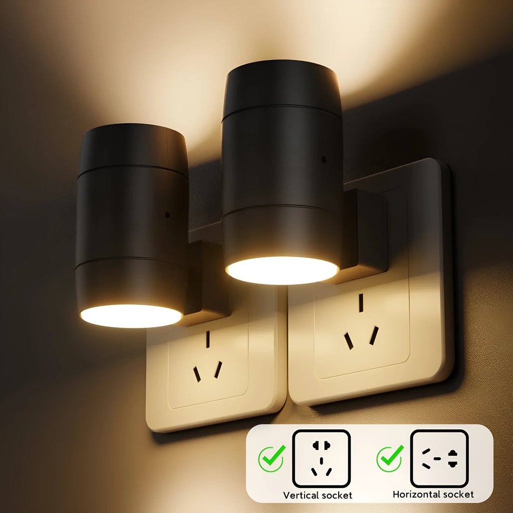 White plug-in adjustable night lamp with a rotatable light head, shown next to a power socket.