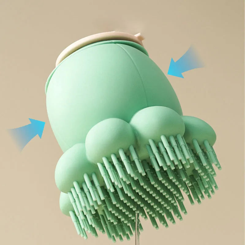 Green pet bath brush with built-in body wash reservoir and soft silicone bristles for dog and cat grooming