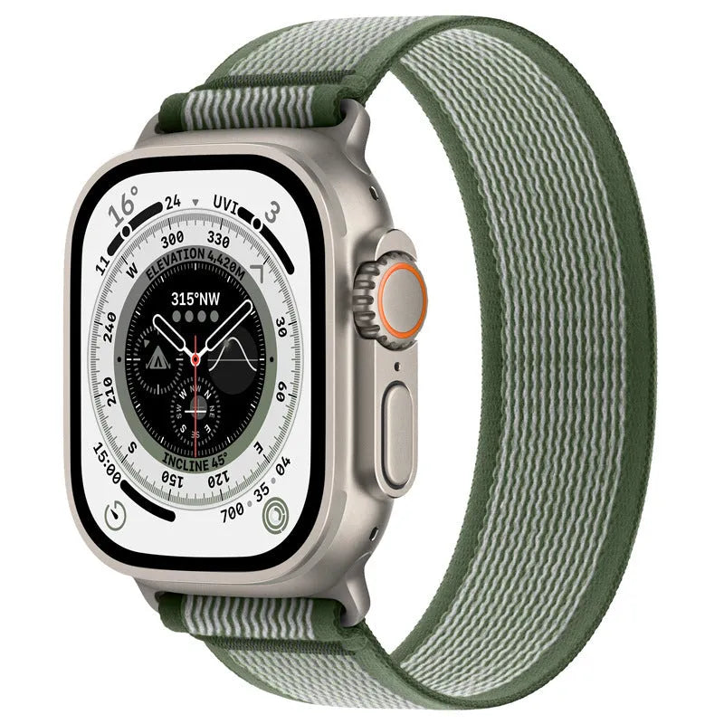Nylon single ring watch strap for Apple Watch in multiple colour options on a grey background.