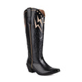 Women's black knee-high boots with lightning embroidery pattern, chunky heel, and square toe on a white background