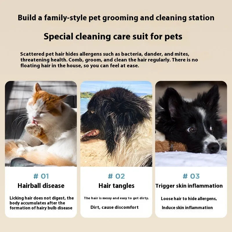 Pink and white pet hair vacuum cleaner with grooming attachments including an electric shear on a flat surface.