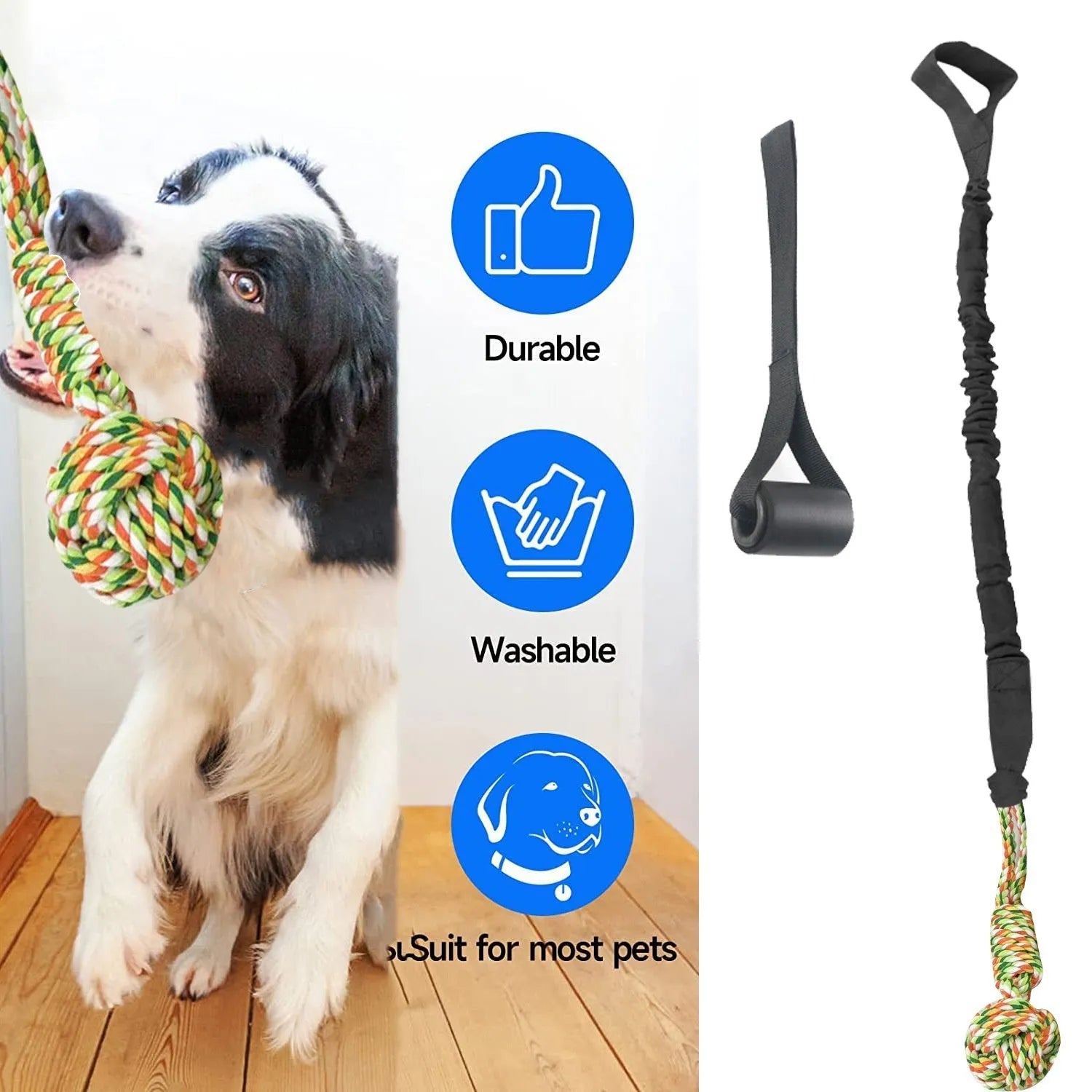 Cotton thread dog tug of war rope toy in black, grey, or red colour for interactive play